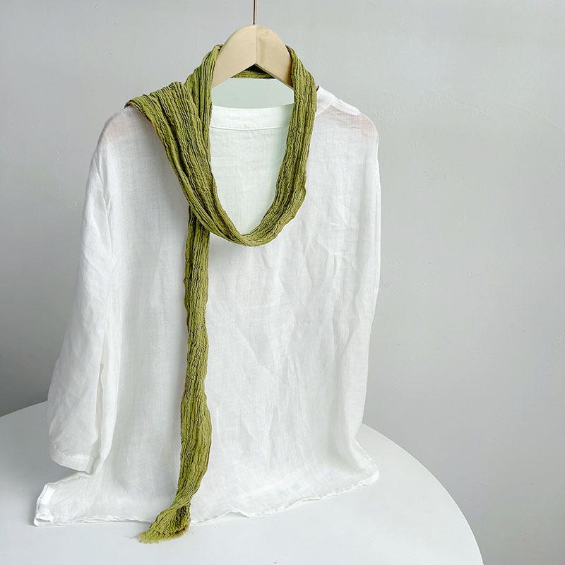 Retro Pleated Ramie Scarf Slender And Narrow Long Silk Scarf Japanese Mori Women Versatile Extended Neck Protector Scarf Shawl