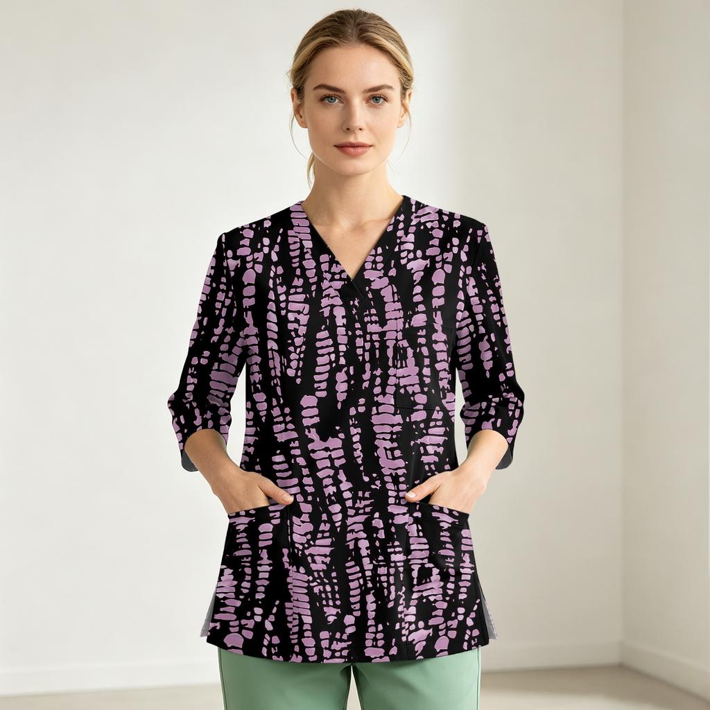 Women's Uniform Top, V-Neck with Single Pocket and Side Slit, 3/4 Sleeve