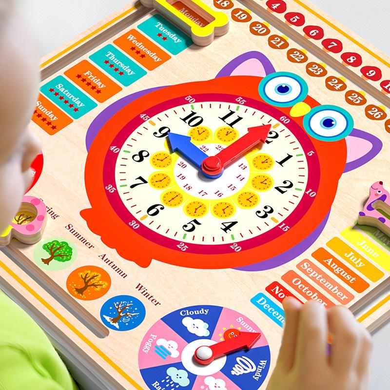 6 In 1 Kids Calendar Clock Board Wooden Building Block Clock Puzzle Puzzle Baby Time Weather Cognition Early Education