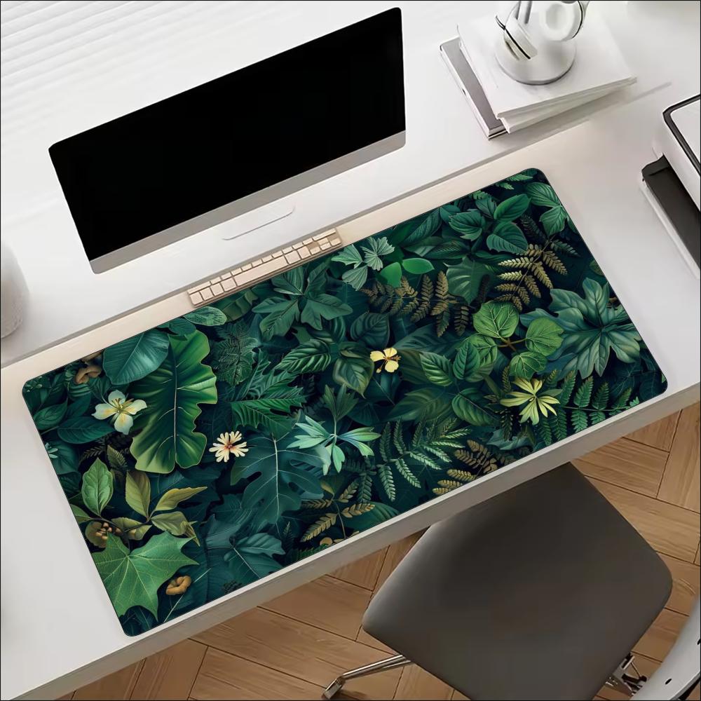 Desk Mat Vintage Golden Tropical Jungle Leaf Print Stitched Edge Anti‑Slip Rubber Base for Gaming Working Home Office Table Use