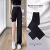 Women's Petite High-Waisted Black Suit Pants - Loose, Casual, Nine-Point, Wide-Leg, Straight-Leg with Split for Summer