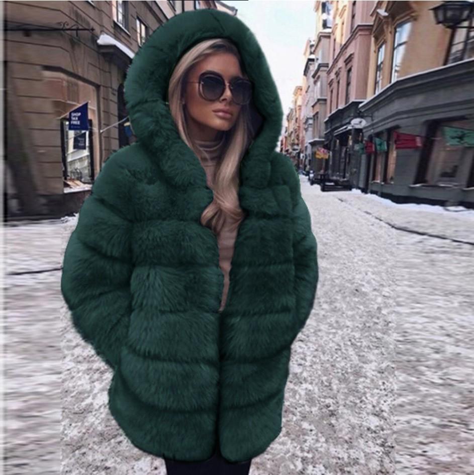 Women's Mid-Length Imitation Fox Fur Coat - Long Sleeve European & American Fashion Warm Overcoat