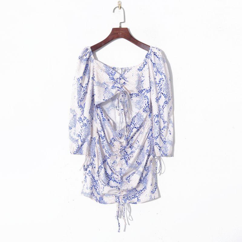 

2023 Fall Women s Clothing K-style Printed Square Collar Pullover Puff Sleeves Sexy Hollow-out Midriff Pleated Drawstring Dress Blue Spot L