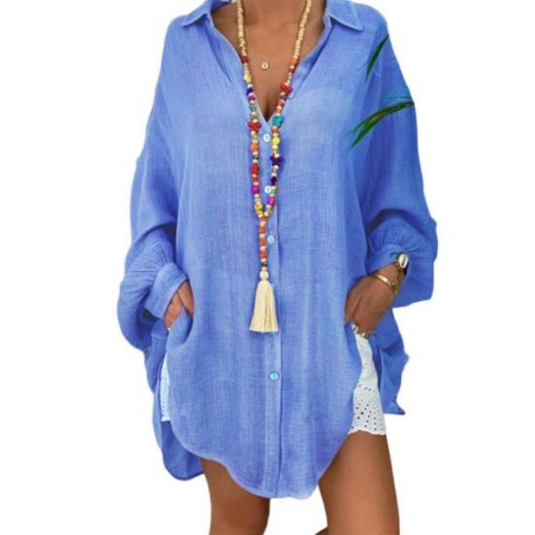 Casual Long Sleeve Lapel Shirt Women Solid Color Loose Fit Mid Length Daily Wear Single Breasted Shirt S синий