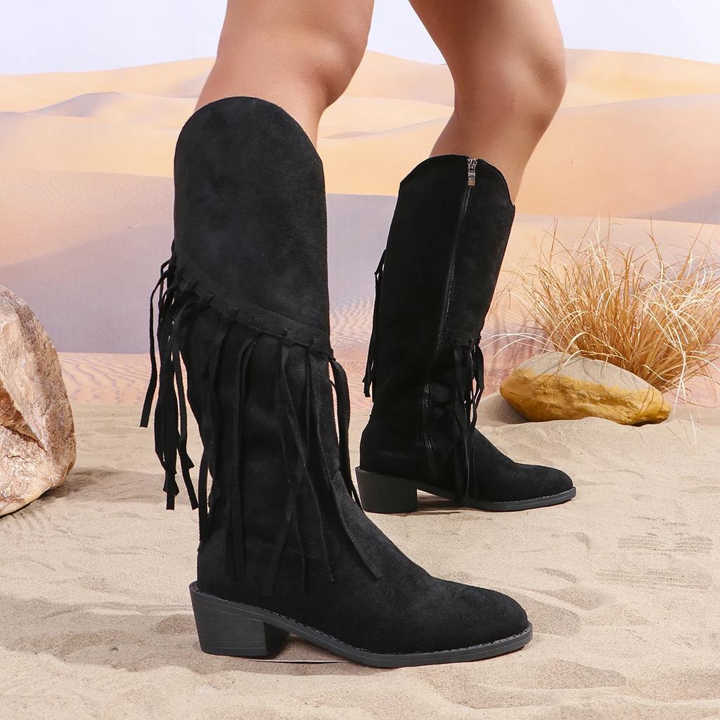 Fashion Women Shoes Bohemian Outdoor Mid-calf Boots Women 2024 New Winter Fashion Faux Suede Ethnic Tassel Woman Boots Botas De Mujer