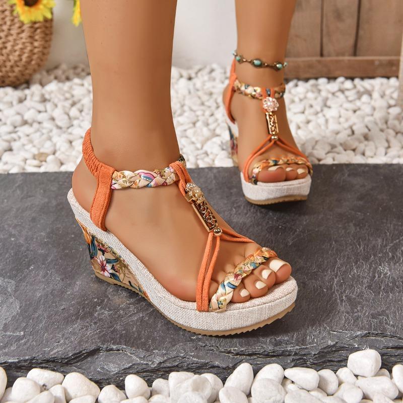 Large size wedge heel sandals women's new platform high heel open toe woven elastic sandals
