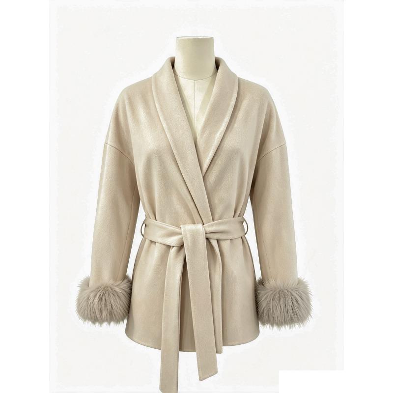 Winter Fox Fur Cuff Splicing Lace-up Short Woolen Jacket Femininity Commuter Coat