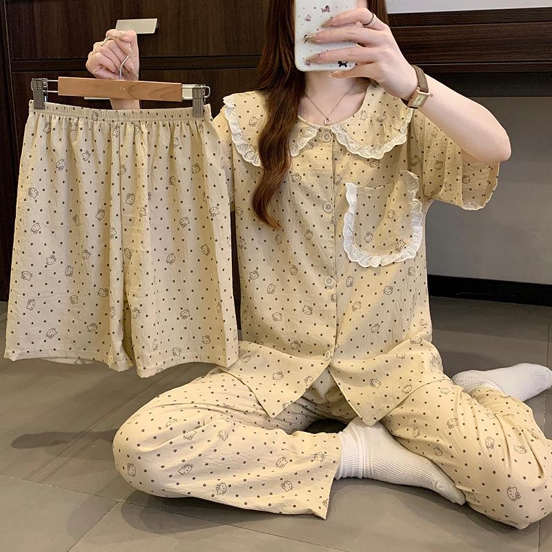 Polka Dot Sweet Lace Doll Collar Cloud Cotton Pajamas Women'S Summer Short-Sleeved Loungewear Three-Piece Set