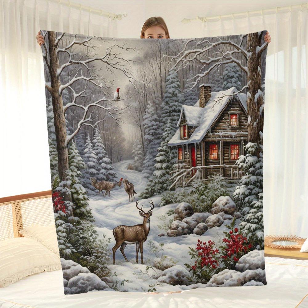 Christmas Winter Scene Flannel Blanket - Cozy Snowy Cabin Deer & Holly Berries Print, All-Season Sofa Throw, Bedspread 75X95CM