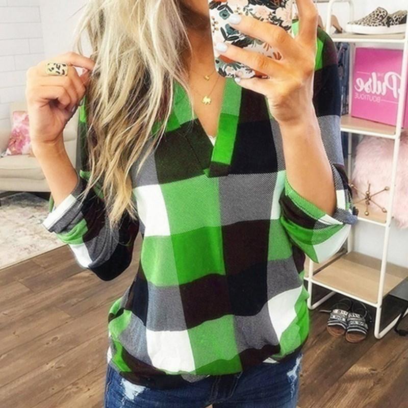 Plus Size Women Casual Loose Long Sleeve Plaid Shirt Spring Autumn V-neck Long-sleeved Top