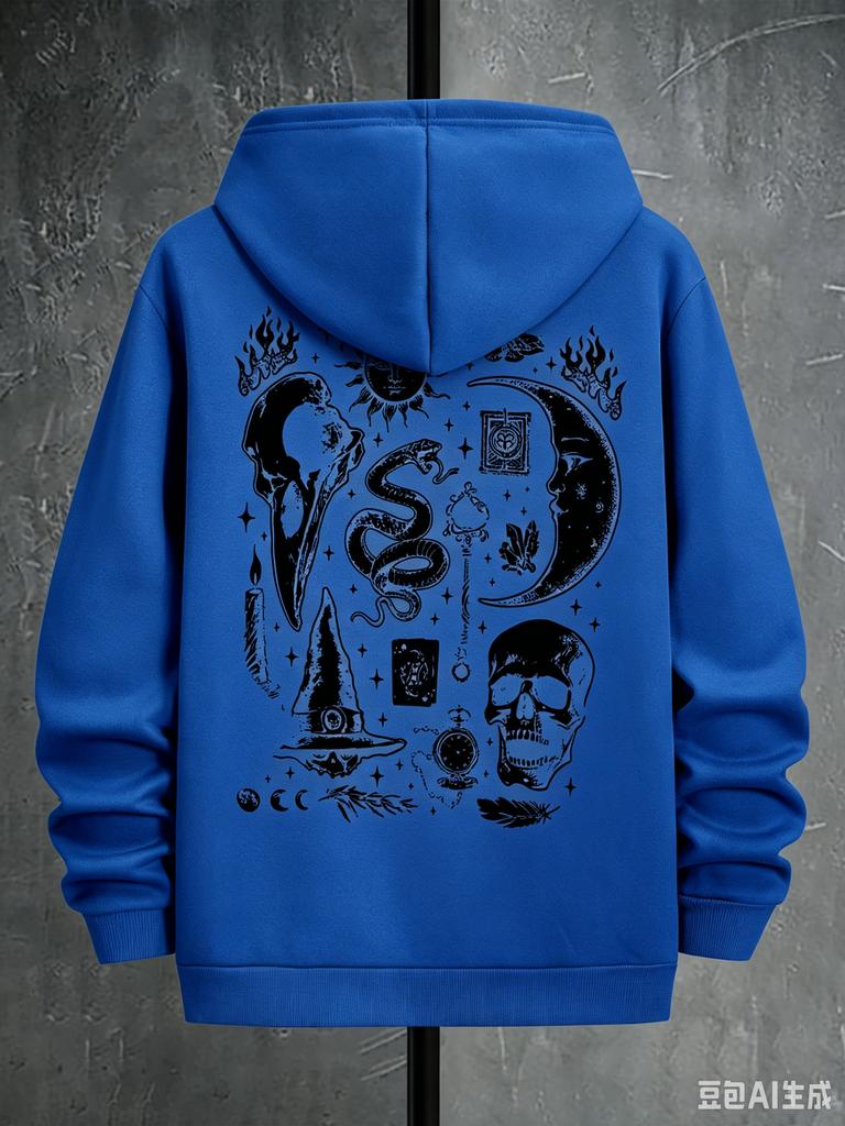 Fall/Winter Mystical Skull Moon Tooth Snake Print Hooded Sweatshirt - Retro Gothic Street Casual Pullover Shirt
