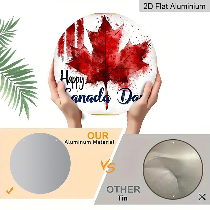 2D Flat, 1pc Patriotic Canada Day Round Aluminum Metal Sign, Watercolor Red Maple Leaf "Happy Canada Day" Design, Durable Weatherproof Wall Decor