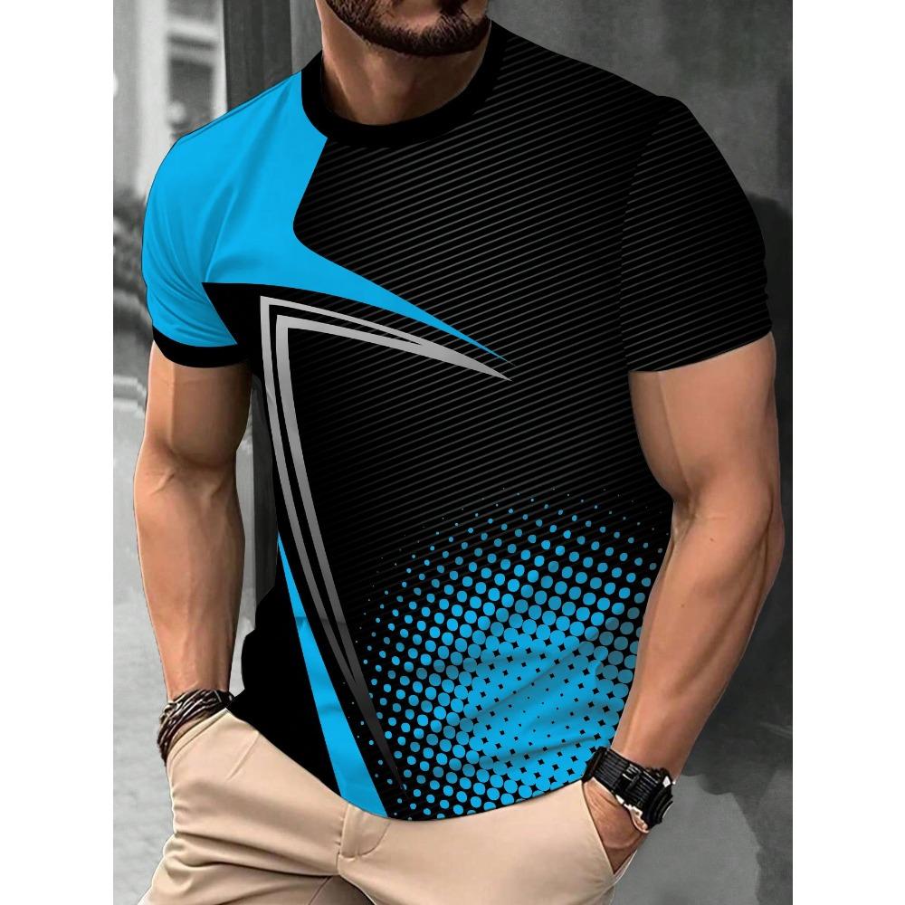3D printed color striped men's T-shirt with anchor pattern short sleeved T-shirt