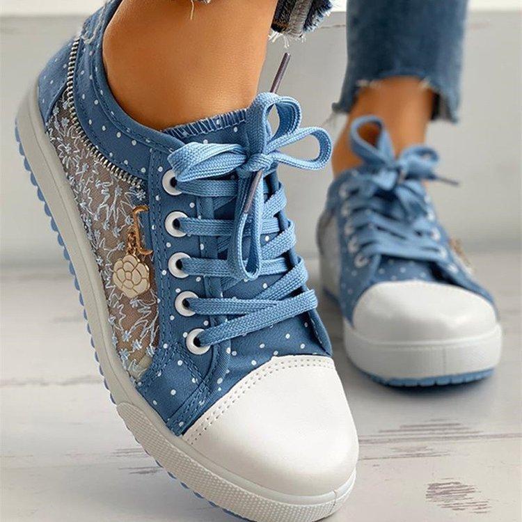 Women's Breathable Mesh Canvas Sneakers Comfort Lace Up Walking Shoes Casual Flat Sneakers Plus Size 35-43