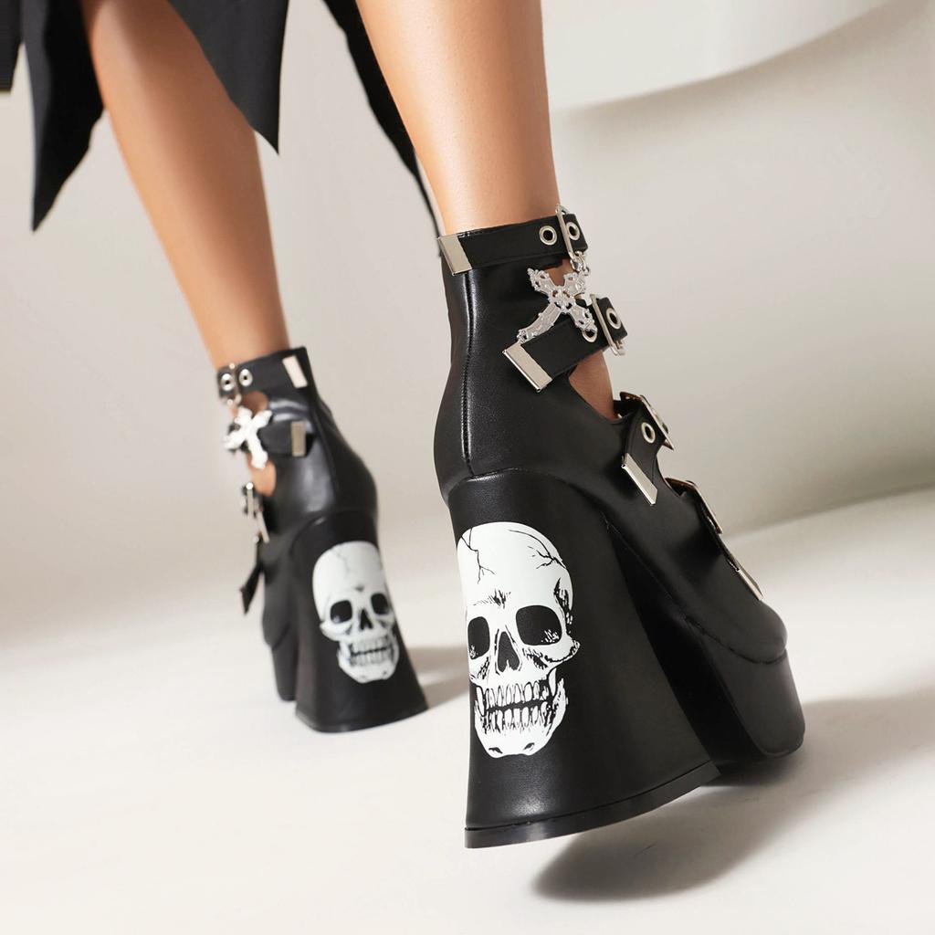 Plus Mary Jane Cross Lolita Skull Shoes Punk Dark Goth High Heels Patent Leather