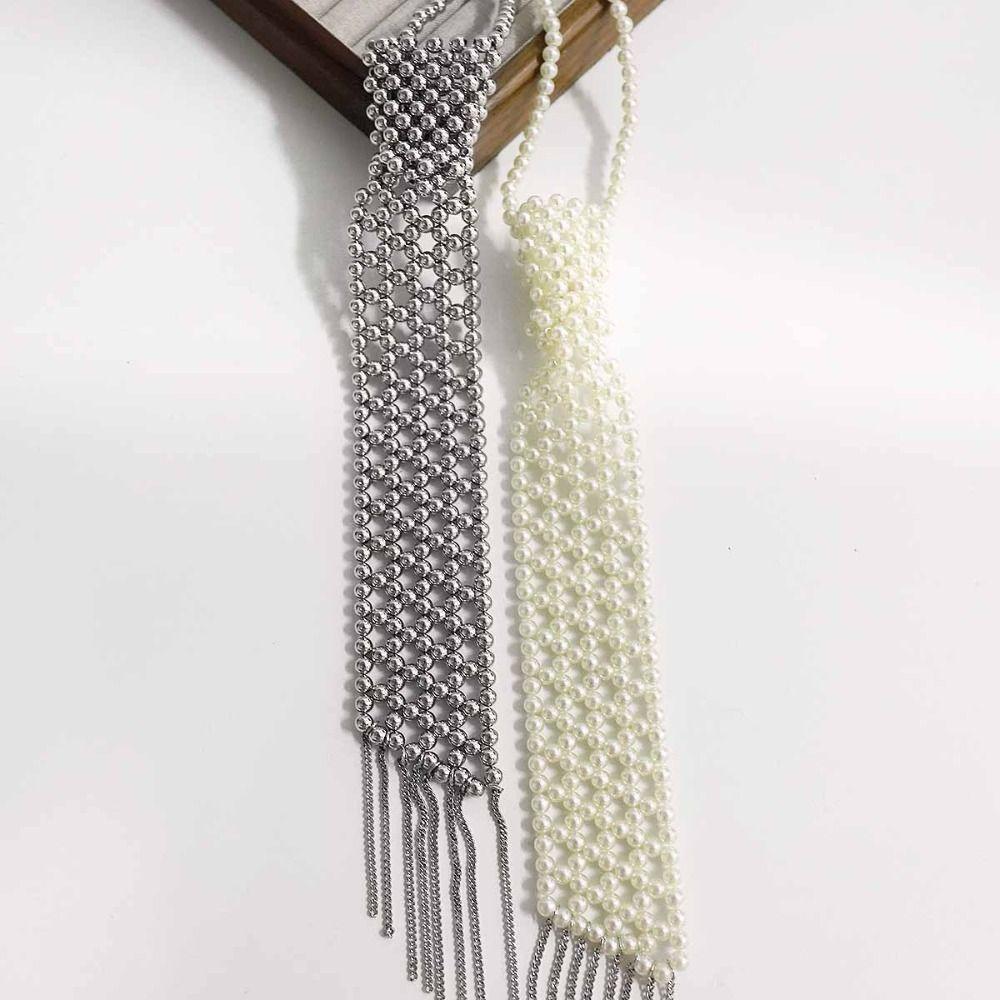 Minimalist Pearl Tie Woven Beads Necktie Long Necklace Tassel Necklace  Women