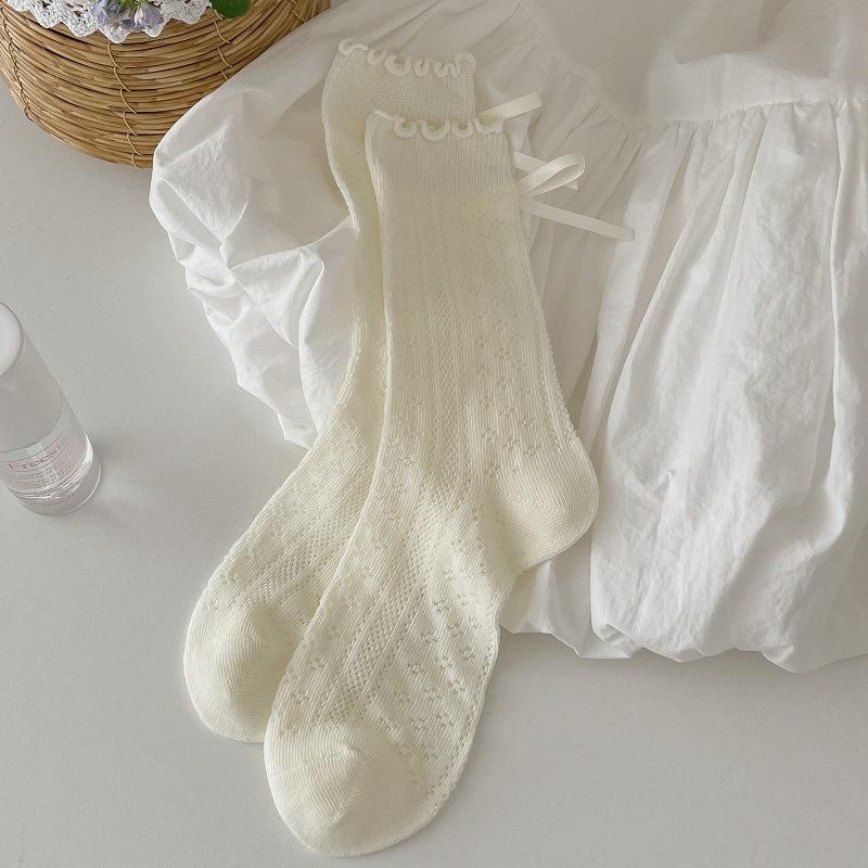 White Bow Lace Socks Summer Thin Wood Ear Edge Middle Tube Socks Korean Style Breathable Thin Socks with Leather Shoes