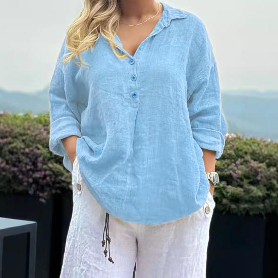 Women Shirt Lapel Buttons Half Placket Long Sleeve Casual Tops Solid Color Loose Fit Work Leisure Shirt