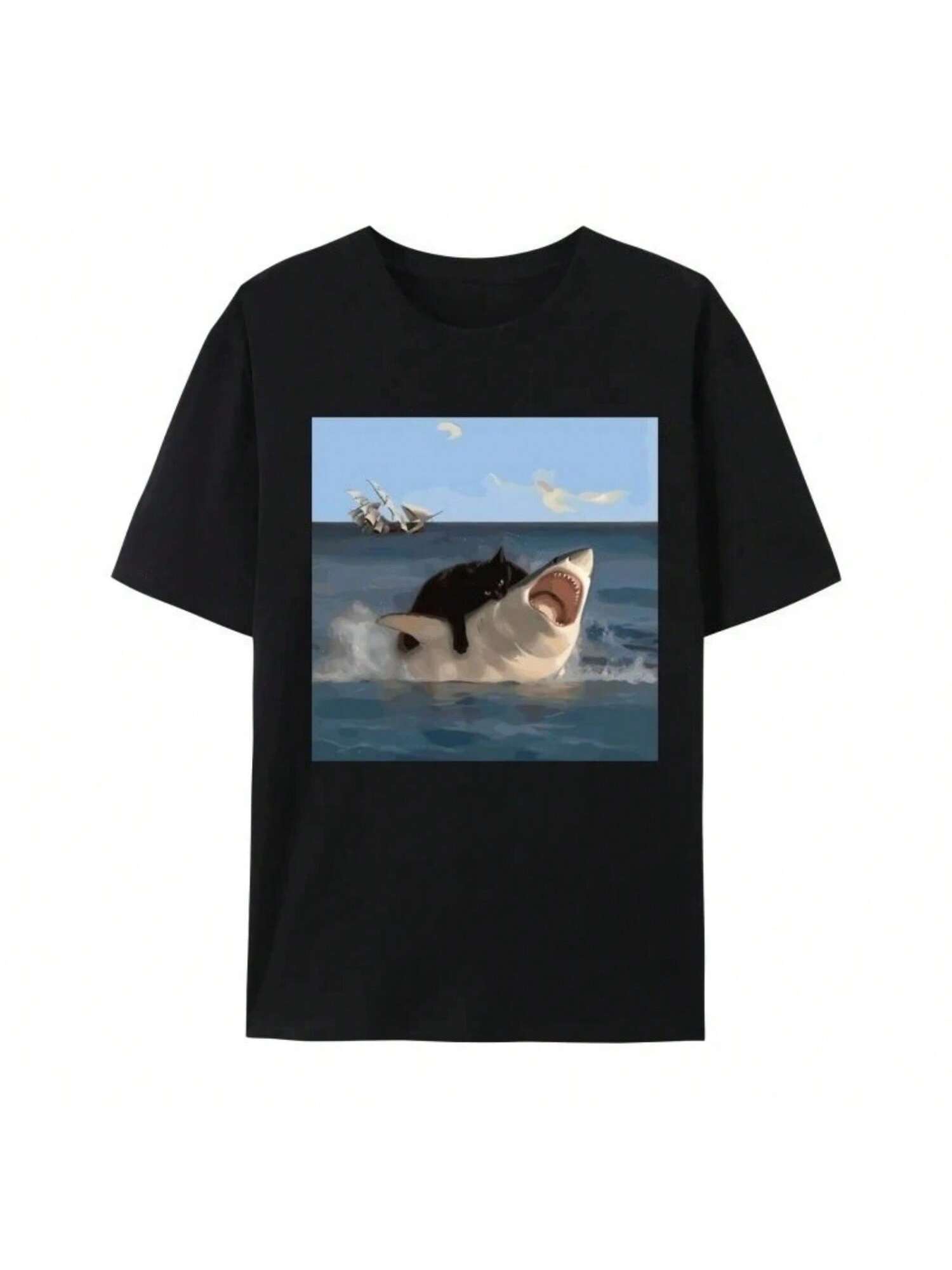 Cat Bites Shark Fun Art And Cat Lovers Fun Cat And Shark Print Tops Shirts Plain Tops Hip Hop T-Shirts Wounisex Clothing Fashion S разноцветный
