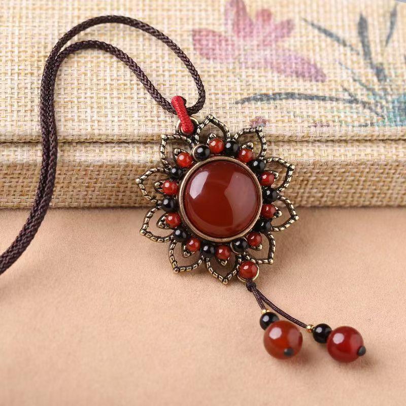 GEMCHIC Women's Vintage Ethnic Lotus Pendant Necklace Red Stone Beaded Choker Retro Collarbone Chain Jewelry