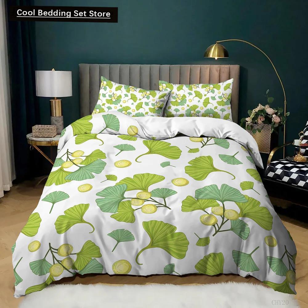 Set Copripiumino Piante Verde Ginkgo Biloba Tema Piante Set Biancheria da Letto per Bambini Adolescenti Matrimoniale Queen King Size Poliestere Copripiumino