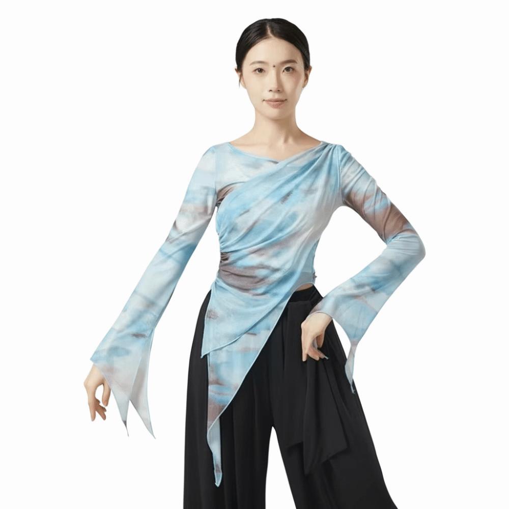 Long Slit Classical Dance Mesh Top Prints Chinese Hanfu  Women Dance Wear