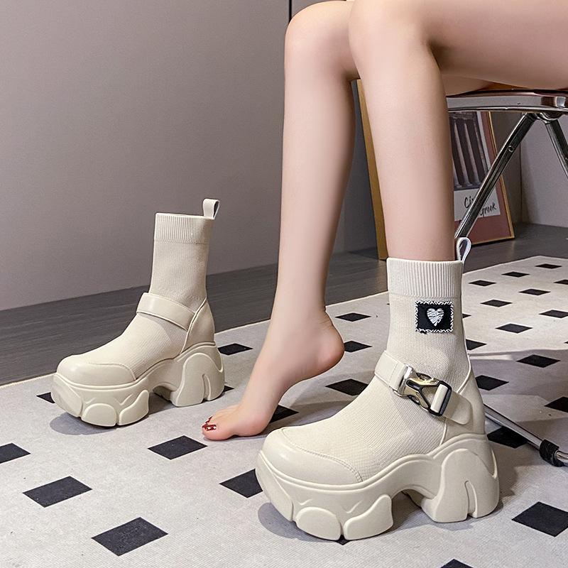 fashion 2024 New Brand Punk Style Women Shoe Platform Shoes Rock Boots Minimalist Style in Stretch Cloth Thick Bottom Street Shot Knight