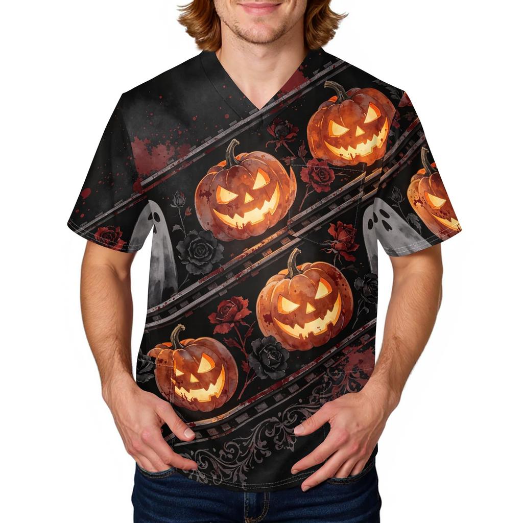 Camisa de Uniforme de Trabajo para Hombre de Manga Corta con Estampado de Halloween