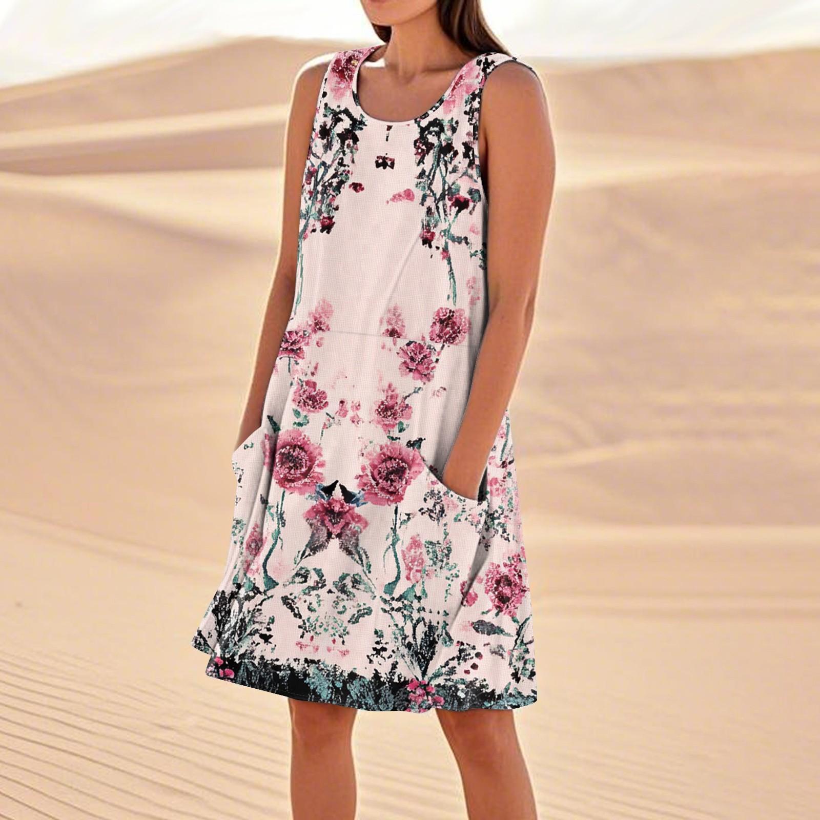 

Платья с принтом для женщин, свободные, пляжные, повседневные, без рукавов, сарафаны с карманами, платье-майка XXL