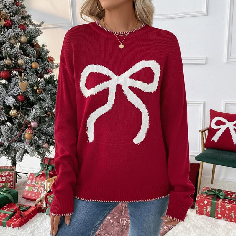 Clothes Autumn and WinterValentine's Day bow jacquard pullover sweater for women