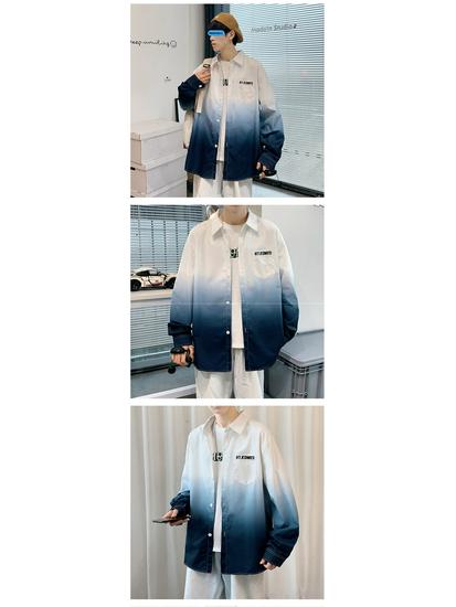 American Style Gradient Long Sleeve Men's Shirt – Casual Loose Fit with Turn-Down Collar for Spring, Autumn, and Summer.