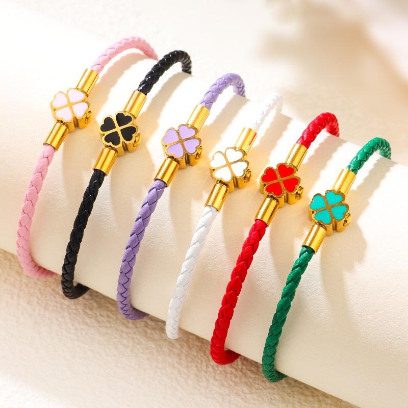 Glücksklee Armband für Frauen Echtes geflochtenes Lederarmband 6 Farben Geburtstagsfeier Schmuck Weihnachtsgeschenke