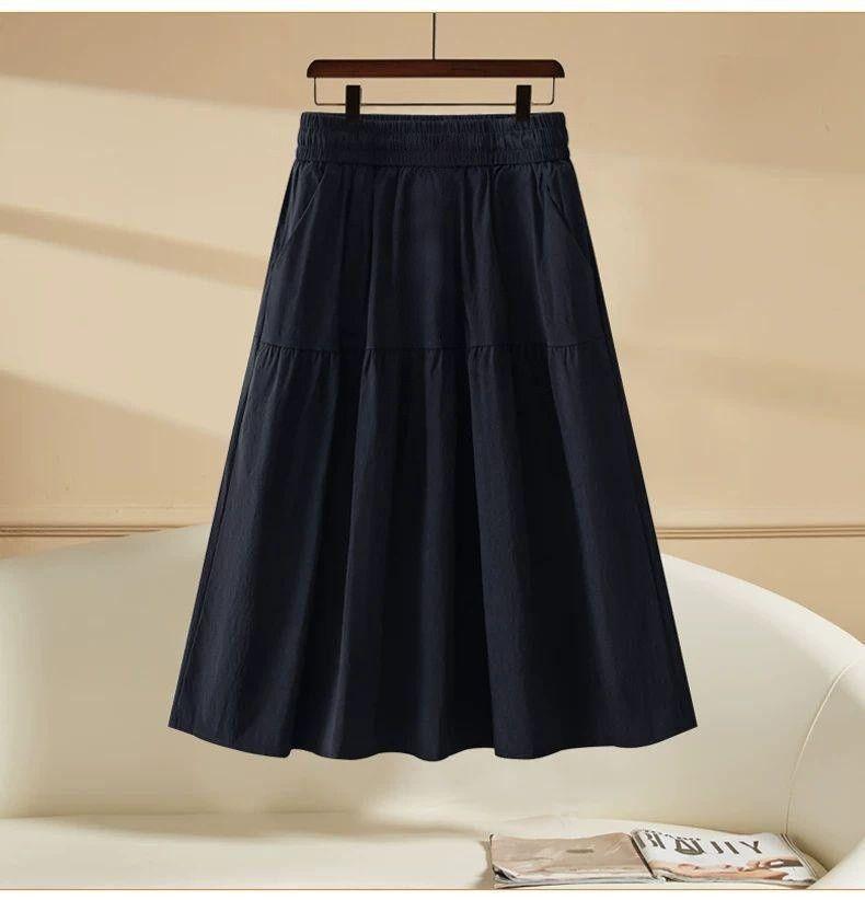 Women's A-Line Elastic Waist Skirt - Three-Quarter Length, Solid Color, Spring/Summer/Autumn Styles Available