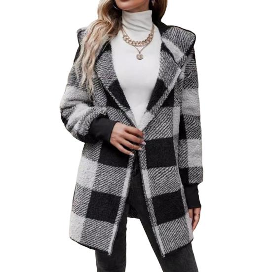 Cappotto Invernale da Donna Colore a Contrasto Stampa a Quadri Velluto Spesso Double-Face con Cappuccio Punto Aperto Polsini Elasticizzati Largo Tenere Caldo Soprabito