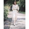 Boho Hollow Embroidery Midi Dress, Tassel V Neck 3/4 Sleeve Dress with Free Woven Belt, 75% Polyester S-XL
