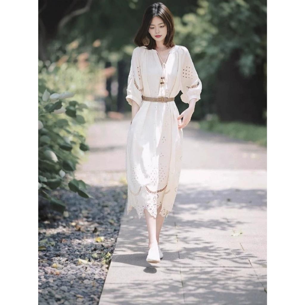 Boho Hollow Embroidery Midi Dress, Tassel V Neck 3/4 Sleeve Dress with Free Woven Belt, 75% Polyester S-XL