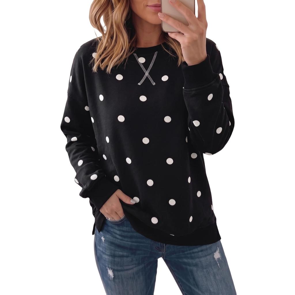 Women's Casual Long Sleeve Round Neck Sweatshirt with Leopard Polka Dot Print