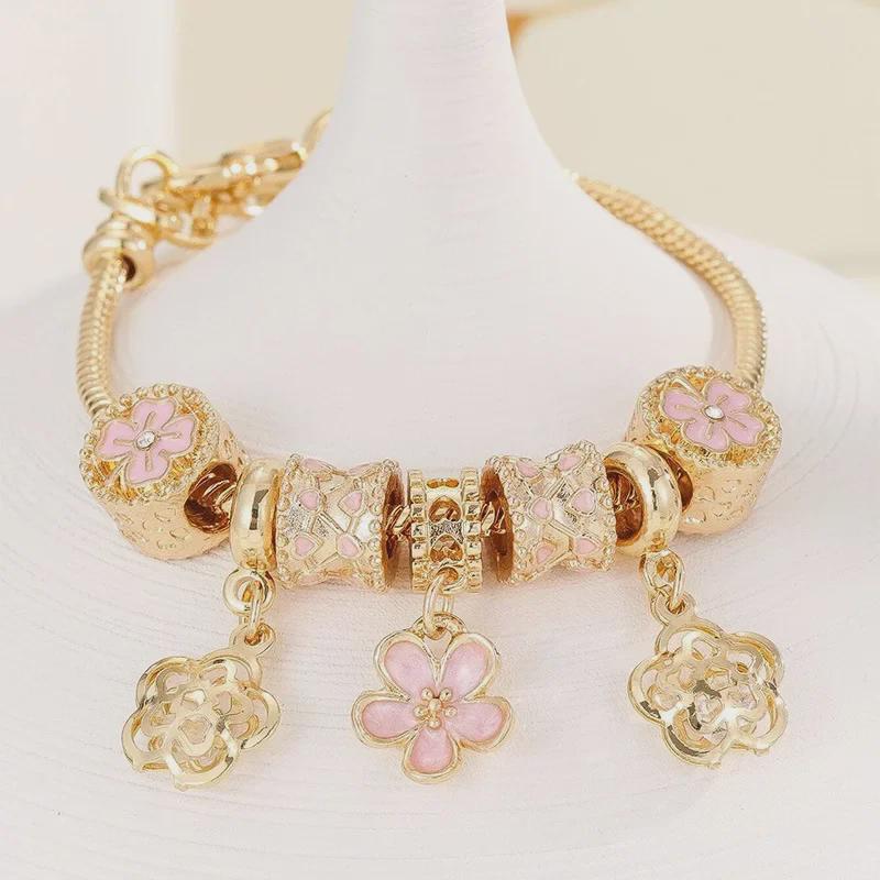 Bracelet Dora Panjia DIY en perles avec pendentif fleur en strass sur chaîne en cuivre