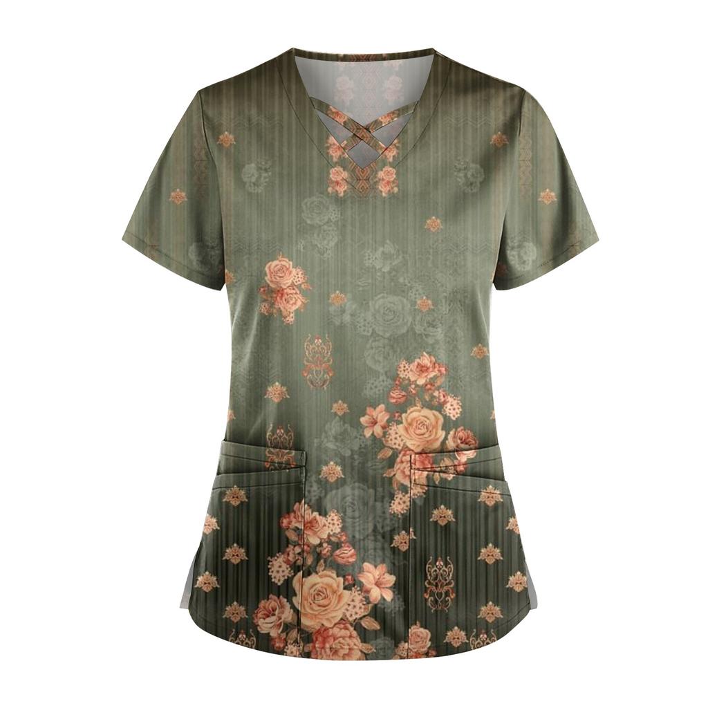Women's Fashion V Neck Cross Retro Printed Uniform With Pocket T-Shirt Short Sleeve Top