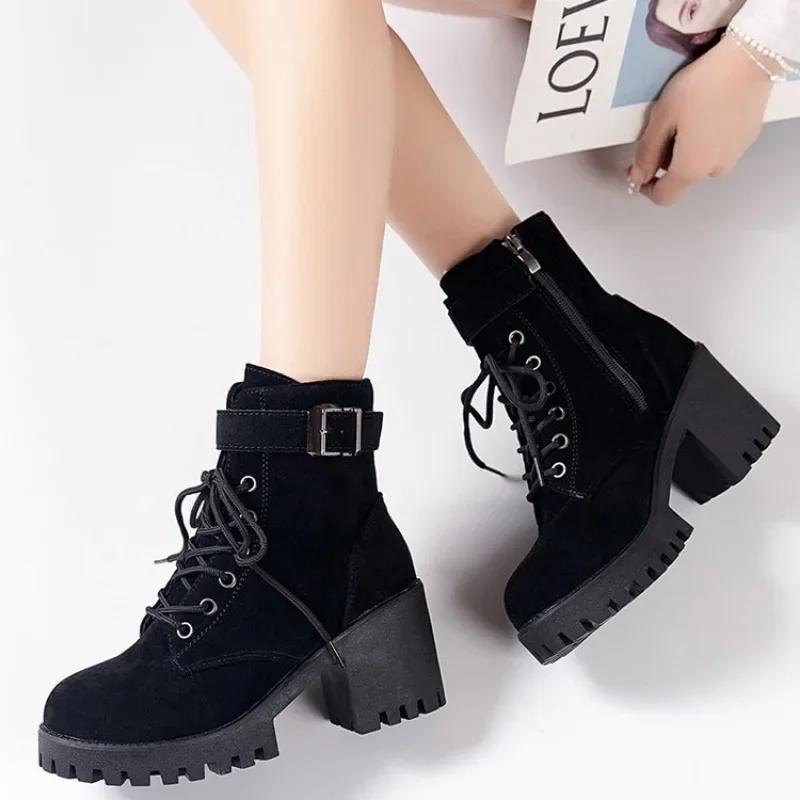 Winter  High Heeled Women Boots Cross Straps Short Boots Comfortable Waterproof Boots Warm Plus Size 42 Botas Femininas