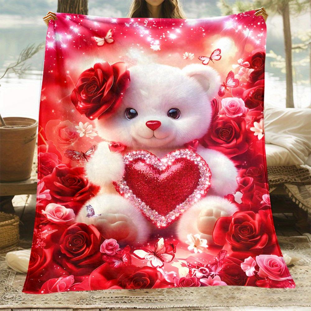 3D White teddy bear holding red heart roses butterflies romantic love gift blanket soft cozy bedroom decor Valentine 75X95CM