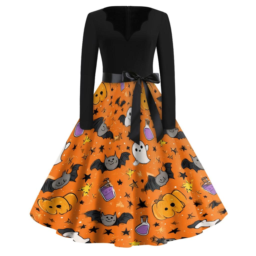 Women's Casual Vintage V Neck Dress Halloween Print Long Sleeve Retro Style A Line Midi Dress with Waist Tie Belt