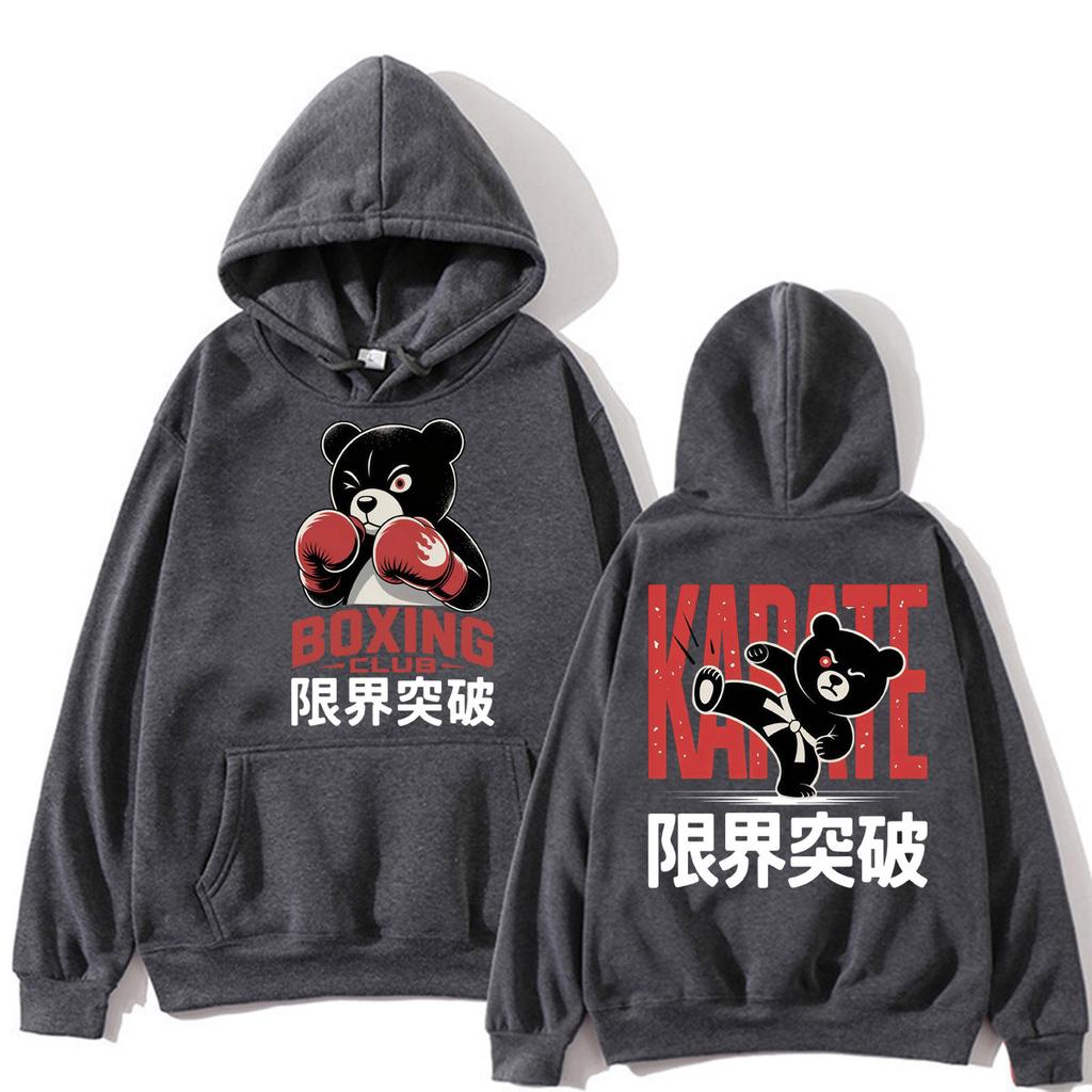 Funny Boxing Club Karate Bear Print Hoodies Men Women Fashion Vintage Kawaii Sportwear Fleece Oversized
