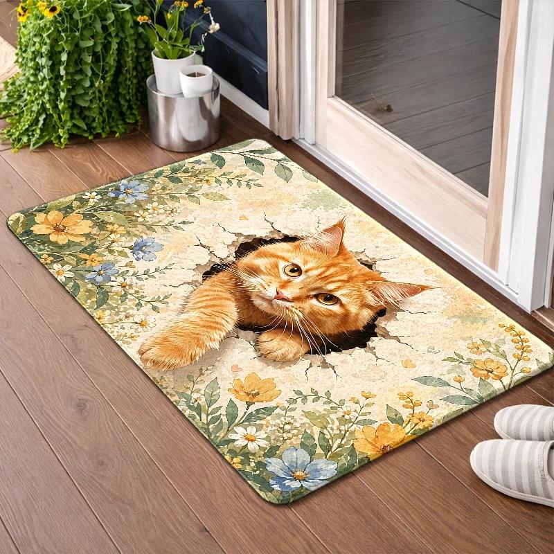 Peeking Ginger Cat Crack Art Doormat Floral Non Slip Rug Cute Pet Front Door Entry Decor Mat