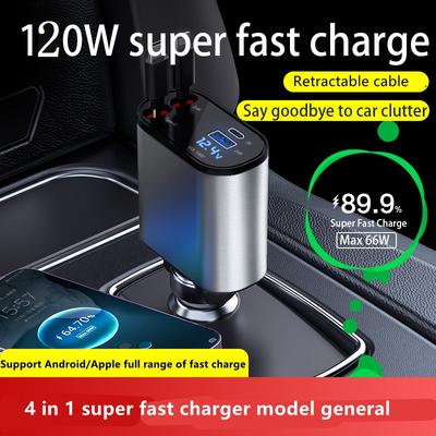 Chargeur allume-cigare rétractable 4 en 1 120 W, câble USB Type-C pour iPhone, Xiaomi, Samsung