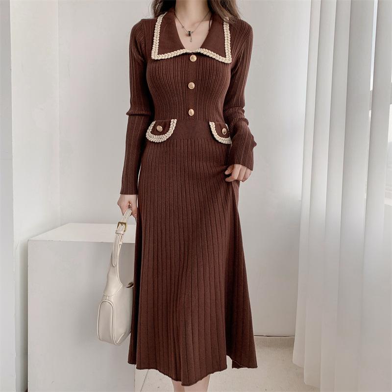 French Long-Sleeve Sweater Dress: Lapel Buttons, Contrasting Colors, High Waist, Slim-Fit Knitted Design