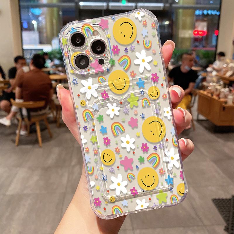 Card Holder Smile Phone Case For iPhone 11 Fundas iPhone 13 16E 16 Pro Max14 15 12 XR X Xs 7 8 Plus SE Shockproof Soft TPU Cover