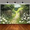 Country Garden Path Tapestry, Rustic Wooden Gate with Daisies Background Cloth, for Farmhouse and Cottage Home Decor