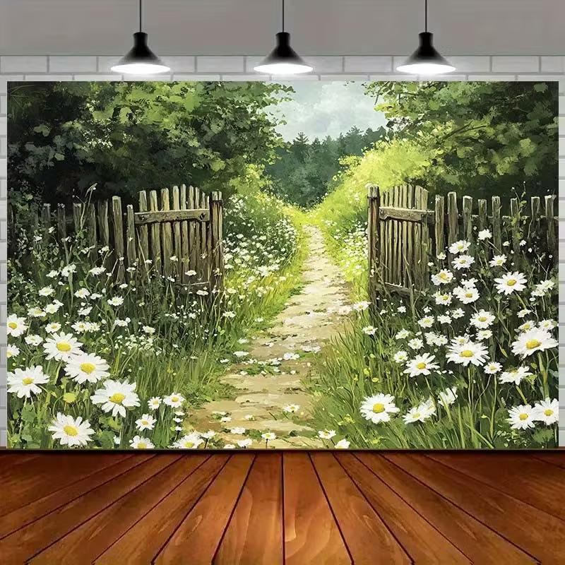 Country Garden Path Tapestry, Rustic Wooden Gate with Daisies Background Cloth, for Farmhouse and Cottage Home Decor