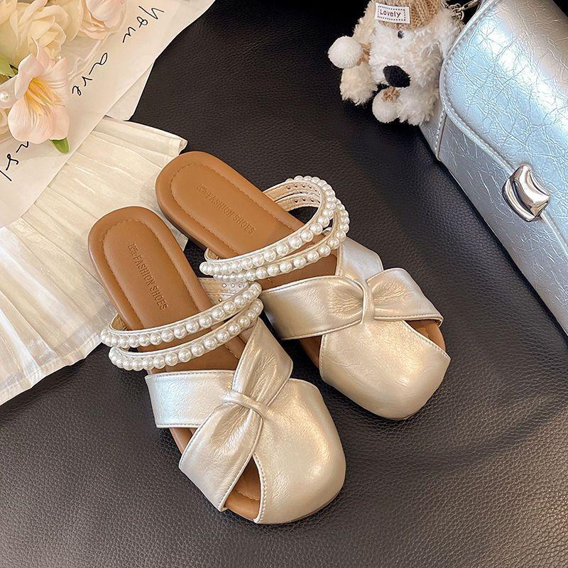 Beaded soft bottom flat bottom bag head half slippers women's summer wear 2025 new beautiful with skirt one word cool slippers